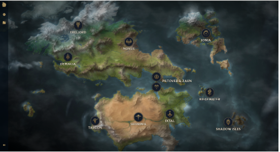 Interactive map of the Runeterra Continents found on Universe League of Legends, showing 12 of the 13 regions (Photo By: Everett Cota).